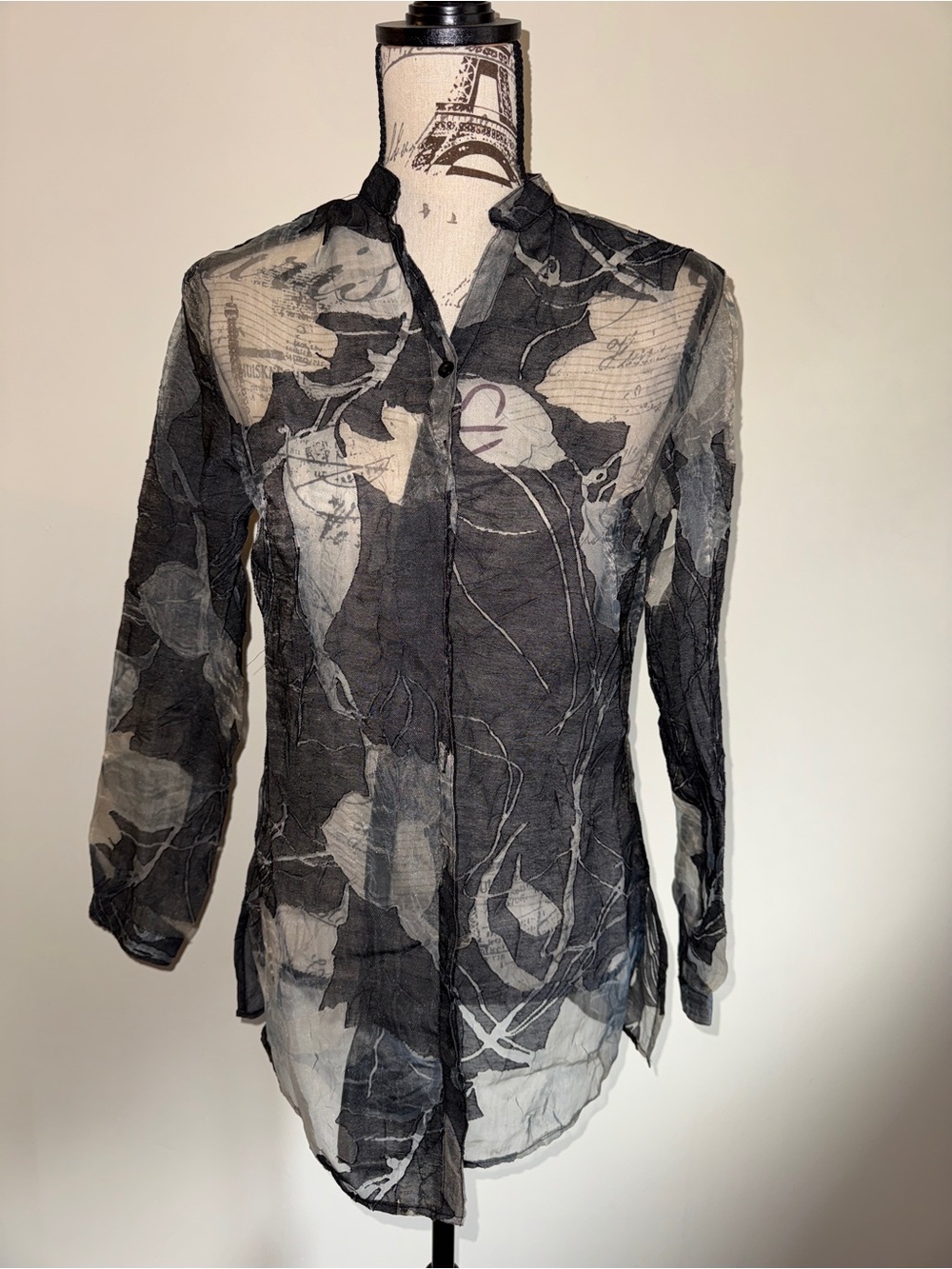 Sheer Black & Gray Floral Button-Front Blouse